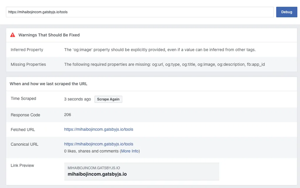 Facebook debug shows missing og: tags Facebook validation error