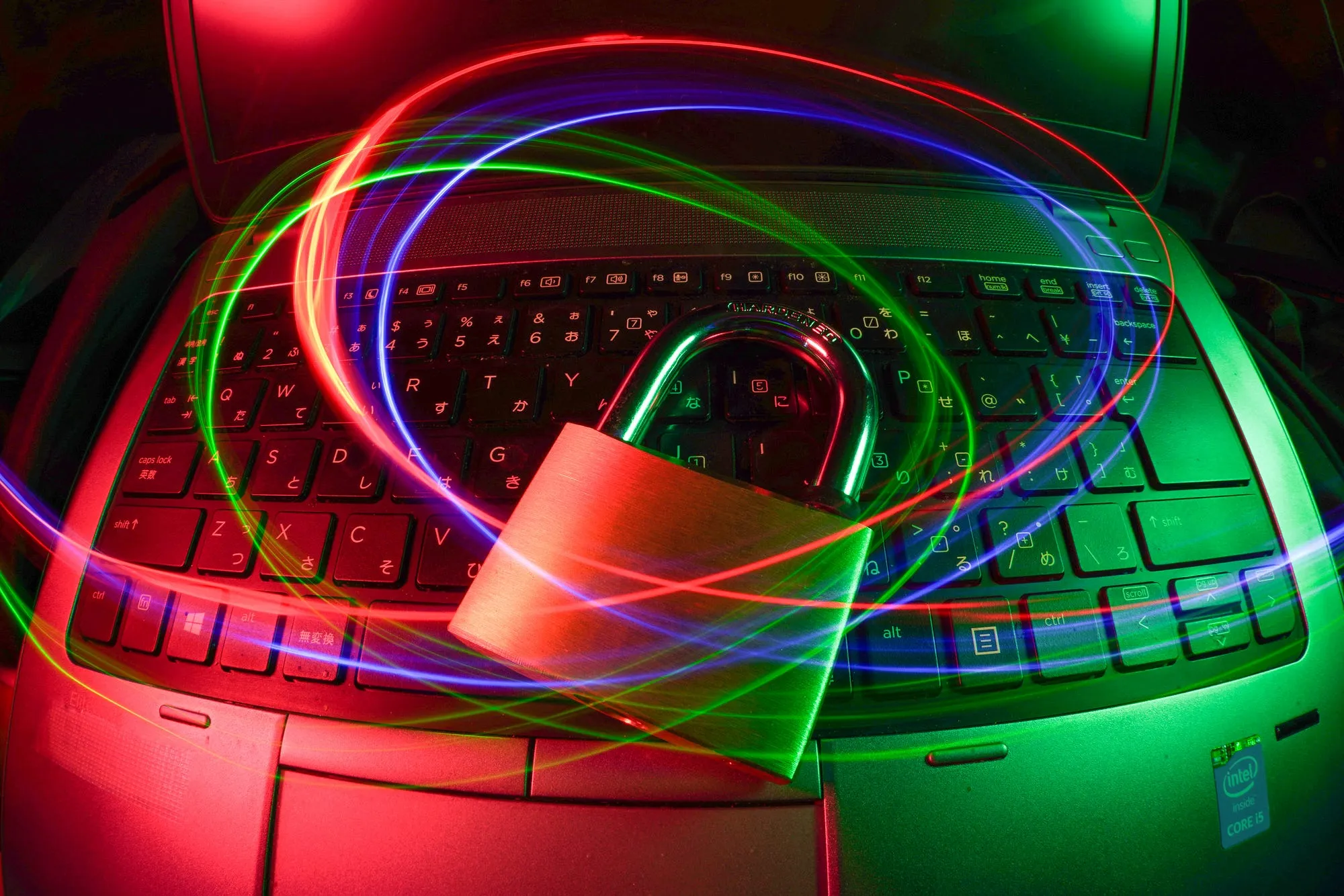 A padlock drawn above a laptop