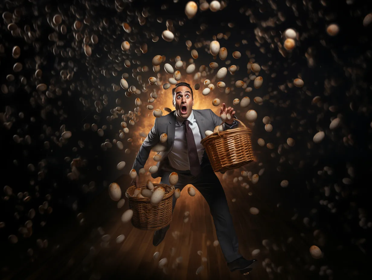 A man tripping while carrying two baskets of eggs