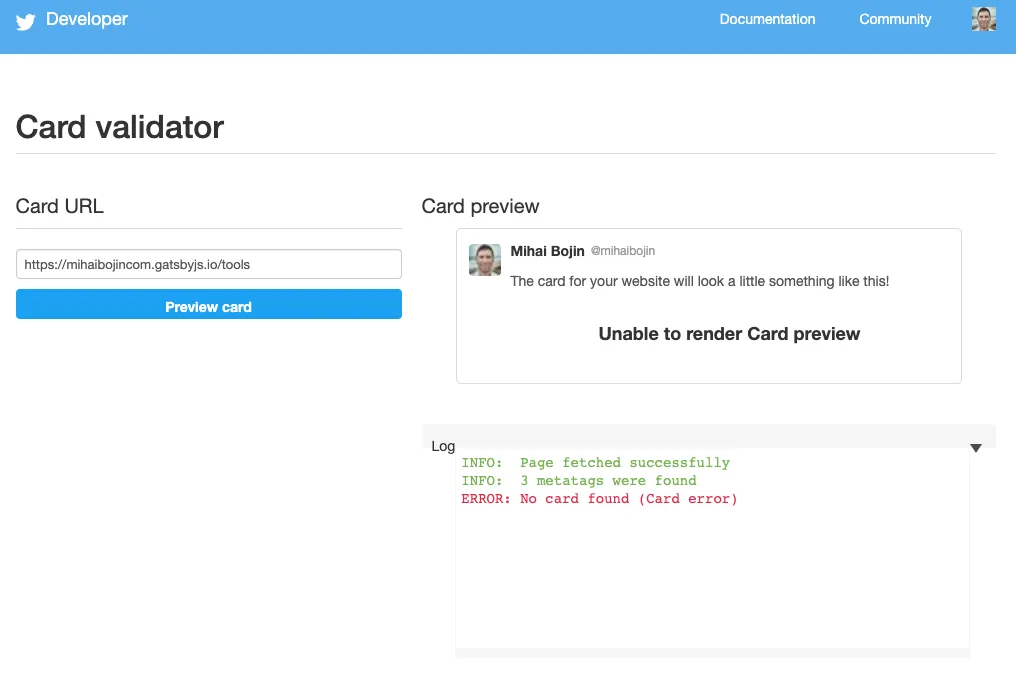Twitter card fails to validate Twitter card validation error